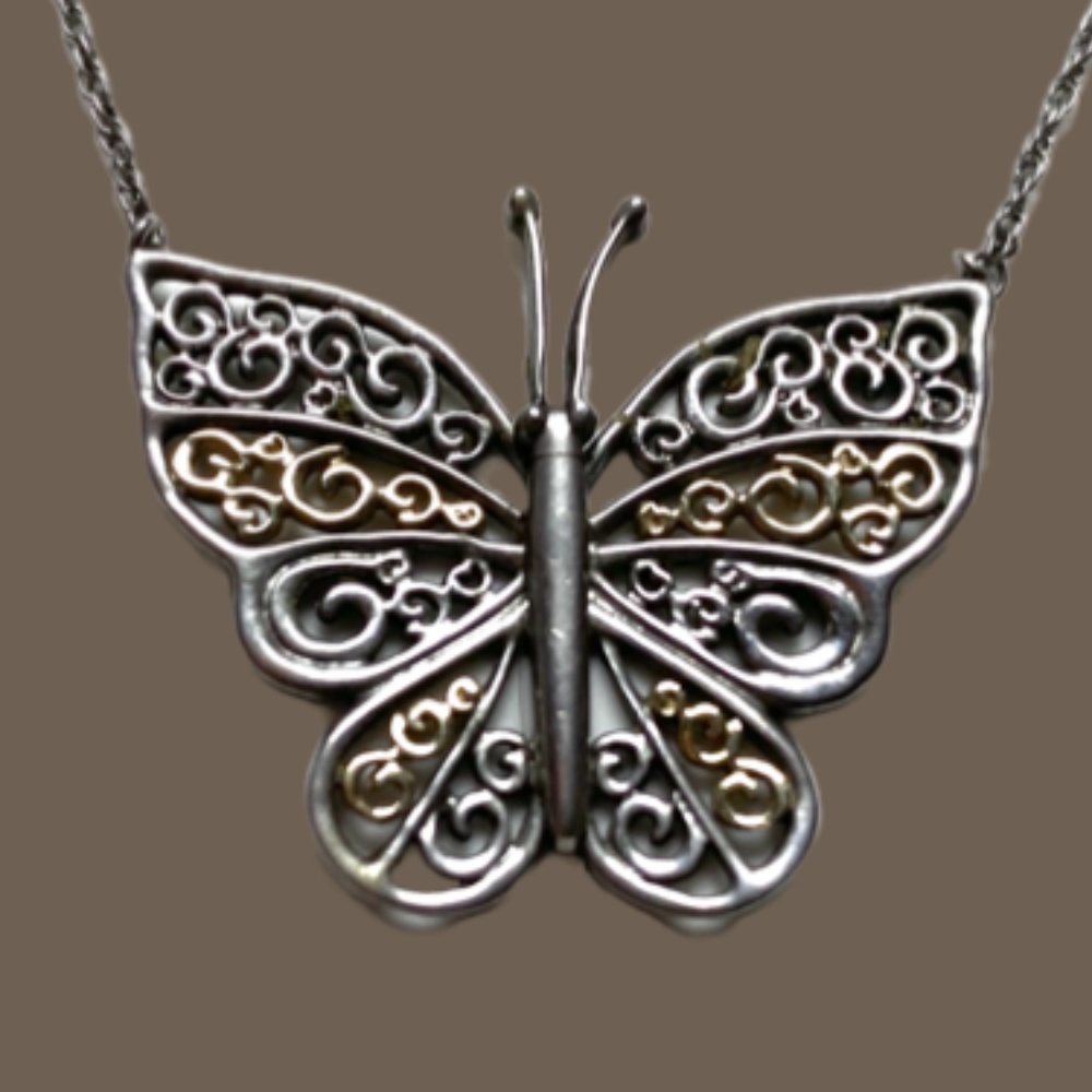 10 K Gold Over Sterling Silver Filagree Butterfly Necklace - Picture 3 of 7
